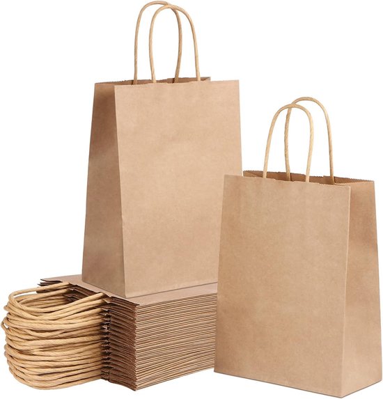50 Kleine Papieren Cadeautasjes Met Handvat 18x8x22cm Bruin Tassen 
