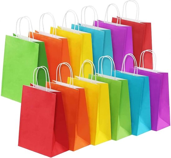 50 x Gekleurde papieren cadeautasjes 18x8x22cm– mixdoos geel blauw paars groen roos rood Kraft Tasjes Met Handvat - Zakjes