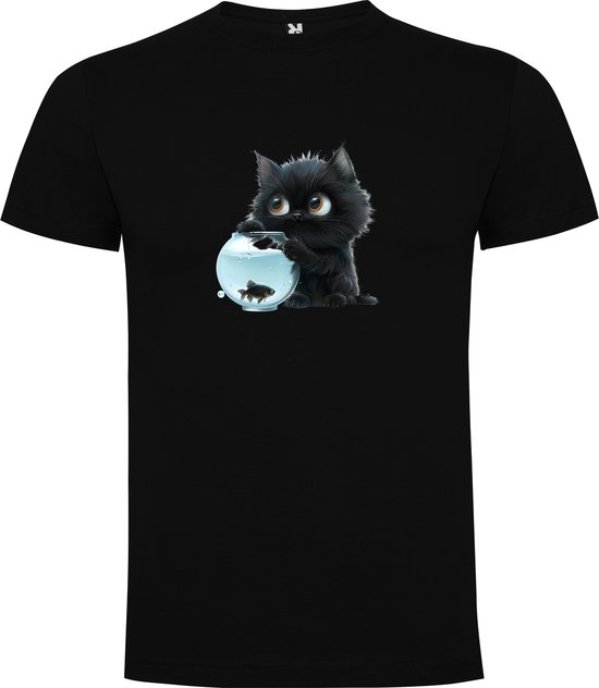 T-shirt Zwart avec imprimé « Le chat noir et le bocal à poissons – Humour» en couleur, taille 5XL