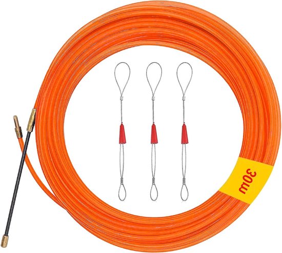 Kabelintrekhulp, 50 m, intrekband, intrekdraad, 4 mm diameter, trekdraad met 3 geleidingsveren, trekveer voor trekband voor kabellegging, nylon, rood