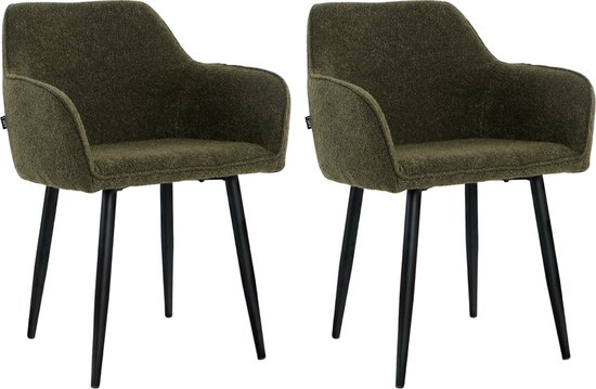 Twee groene eetkamerstoelen met zwarte poten.