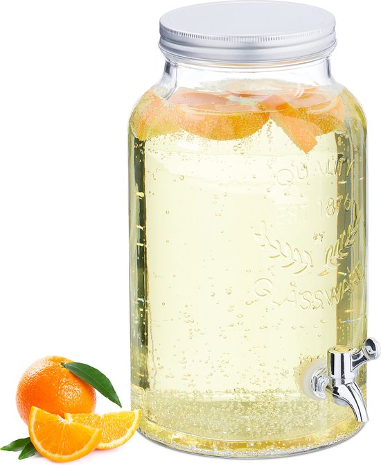 Navaris glazen limonadetap met kraantje - Drankdispenser met houten standaard - Sapdispenser -Voor koude en warme dranken - 5L - Voor feestjes