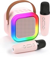 Mgaolo Machine de karaoké miniature améliorée pour enfants, haut-parleur Bluetooth portable avec 2 micros sans fil, émojis et lumières LED colorées, cadeaux pour la maison, les voyages et les fêtes