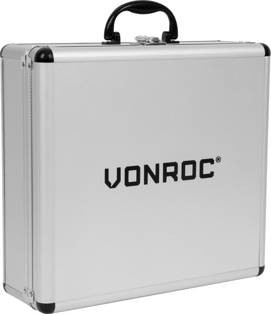 Een gesloten zilverkleurige koffer met het zwarte VONROC logo erop.