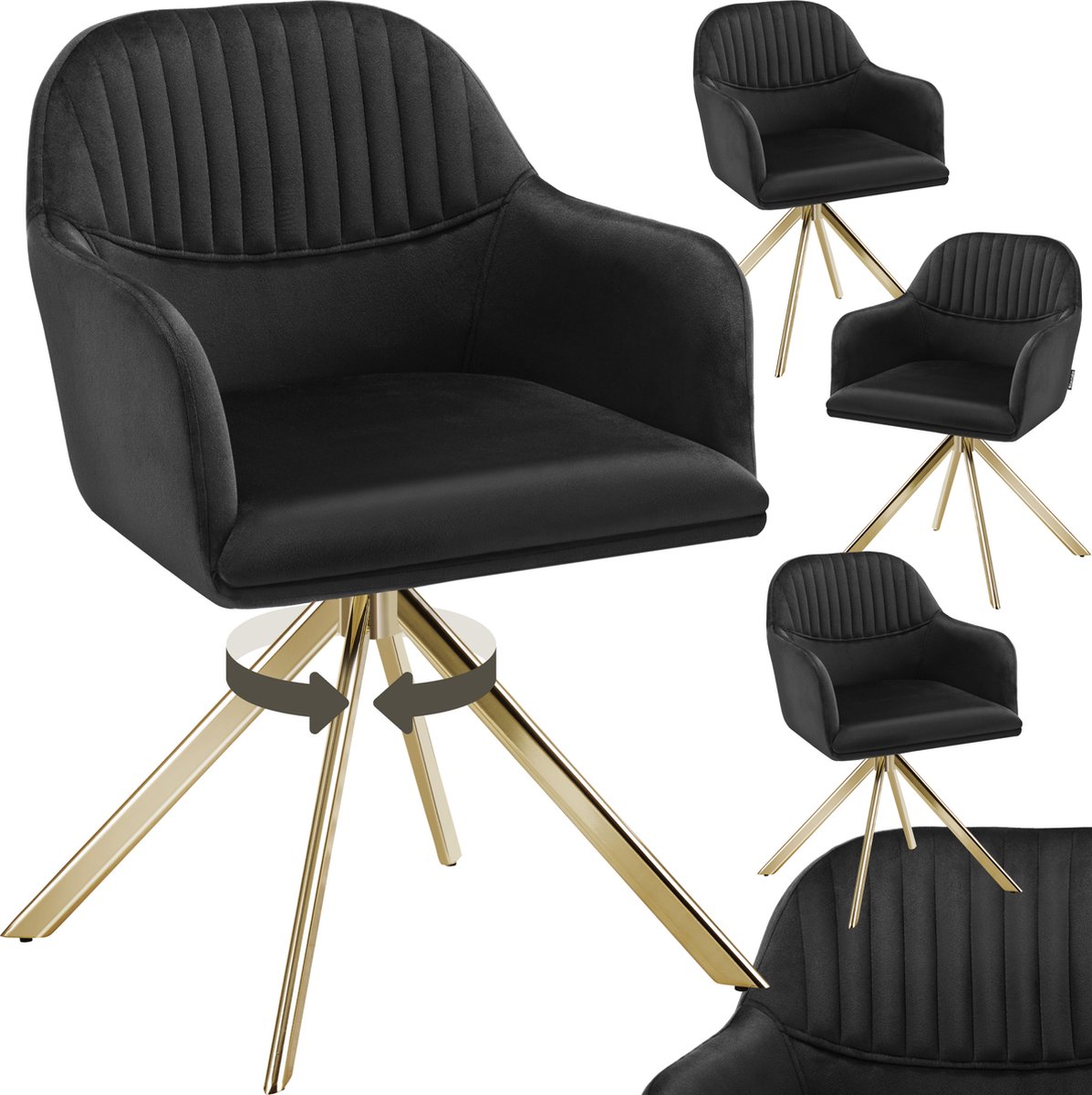 Tectake Fluwelen draaistoel - Bureaustoel - Eetkamerstoel met armleuningen - Fluwelen bureaustoel, keukenstoel, woonkamerstoel - 56 x 59 x 81 cm - Set van 4 - Zwart/goud zwart / goud