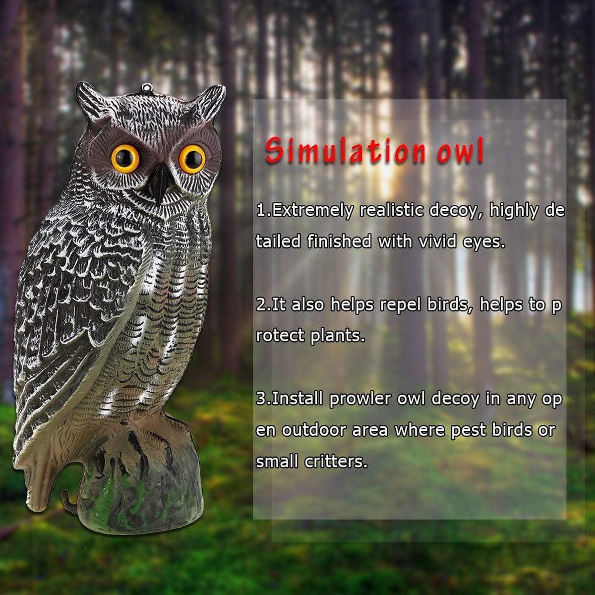 Haofy Energie Uil Zonne-energie Ogen Gloeien Jacht Afweerend Vogelaas Schemerlicht Ongediertebestrijding - Realistische Roofdier Vogelverschrikker (Eye Glow)
