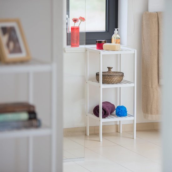 Relaxdays badkamerrek bamboe, 5 etages, hoog, smal, keuken rek, staand, opbergrek, hout, HBD: 139,5 x 34,5 x 33 cm, wit