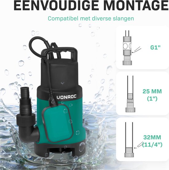VONROC Pompe submersible – Pompe eau sale – Pompe à eau – 900W – 16000 l/h – Pour eau sale et propre – Avec flotteur