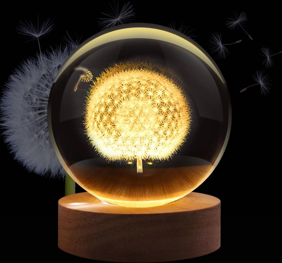 3D Kristallen Bal Paardebloem - Nachtlampje - LED Glas Licht Hologram lamp met Massief Houten Basis - Nachtlamp - Cadeau idee - Verlichting - USB aansluiting - Woondecoratie