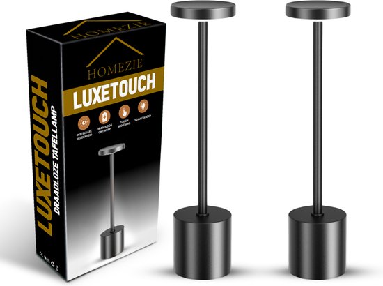 Homezie LuxeTouch | 2 stuks | Draadloze Tafellamp | USB-oplaadbaar | Met Touch Bediening | Eet Tafel Lamp | Sfeerverlichting