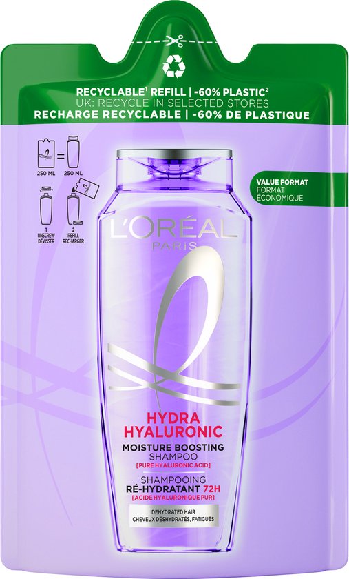 L'Oréal Paris Elvive Hydra Hyaluronic Shampoo Refill - Voor verzwakt, futloos haar - 10x meer hydratatie - Hervulbaar - Navul verpakking - 250 ml