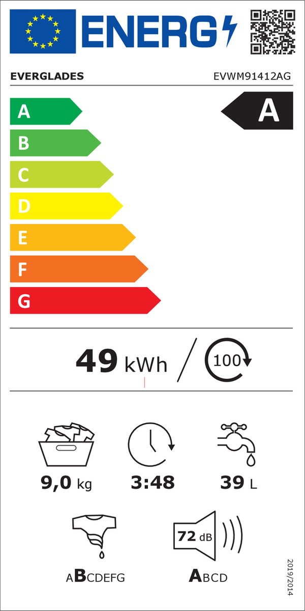 Everglades EVWM91412AG Zuinige Wasmachine - A Klasse - Zeer Stil 72dB thumbnail 2