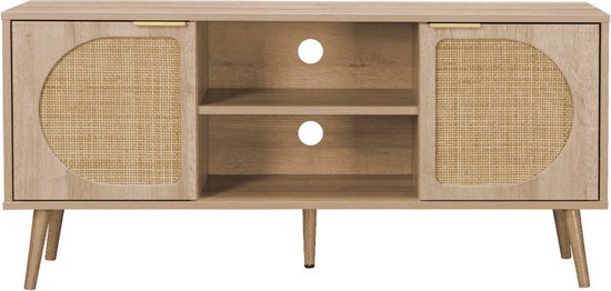 Tv-meubel van houtdecor met twee deuren met ronde rieten inzetstukken en twee open middenvakken.