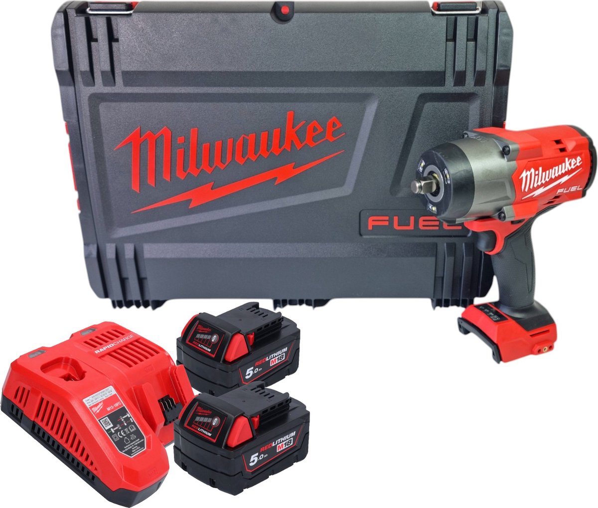 Milwaukee m18 fhiw2f12-502x accu-slagmoersleutel 18 v 1491 nm 1/2" ( 4933492783 ) koolborstelloos + 2x oplaadbare accu 5.0 ah + lader + hd doos