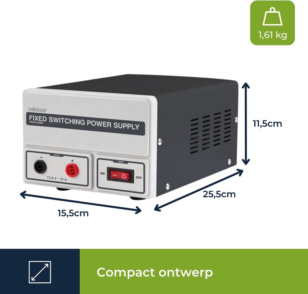 Velleman Laboratoriumvoeding, labovoeding, vaste schakelende voeding, niet-regelbaar, 13.8 VDC/10 A, stroombegrenzing, bescherming tegen kortsluiting, zekering