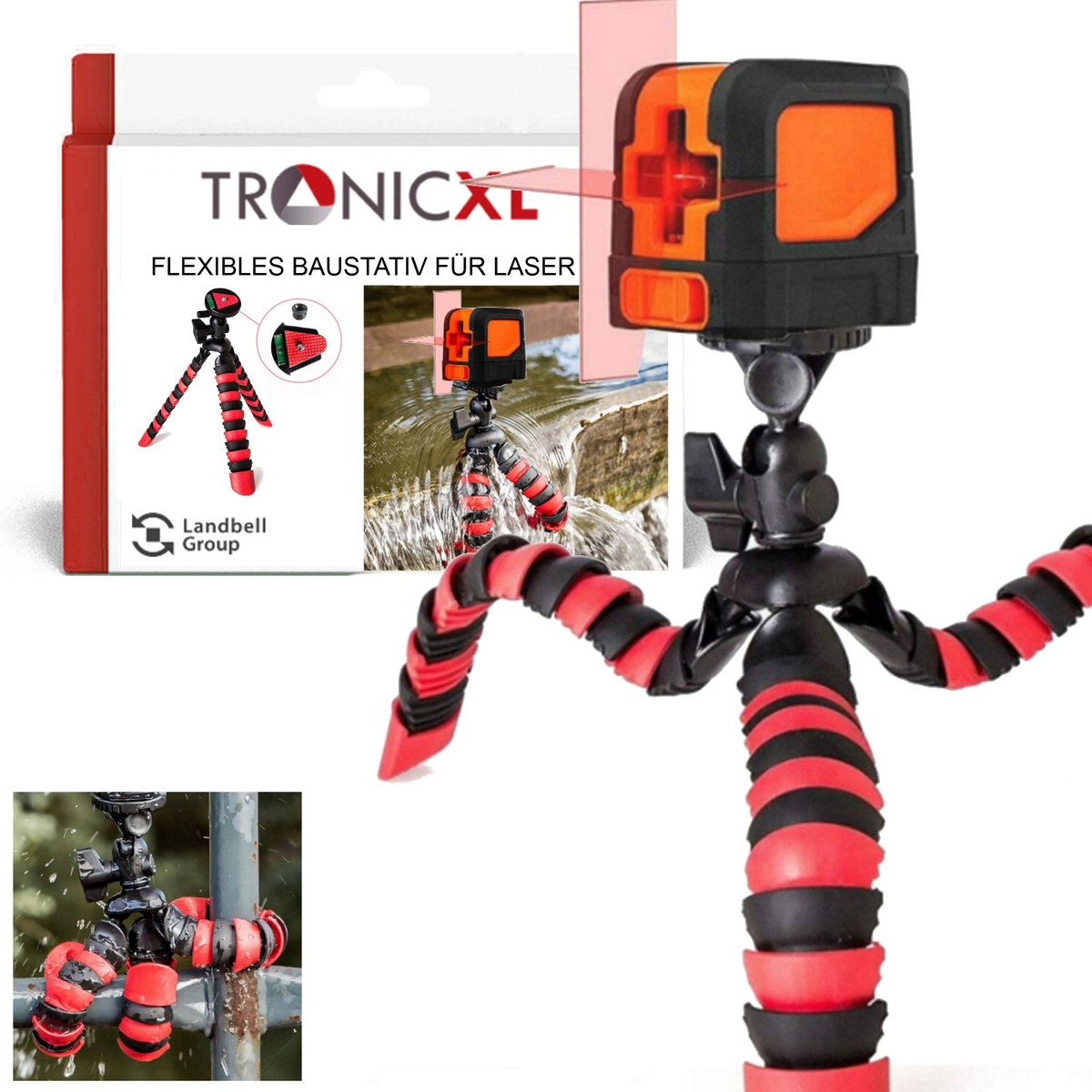 TronicXL Flexibel statief voor bouwlaser – 1/4" schroef, 3/8" adapter – Draaibaar, neigbaar, instelbaar – Lichtgewicht en robuust