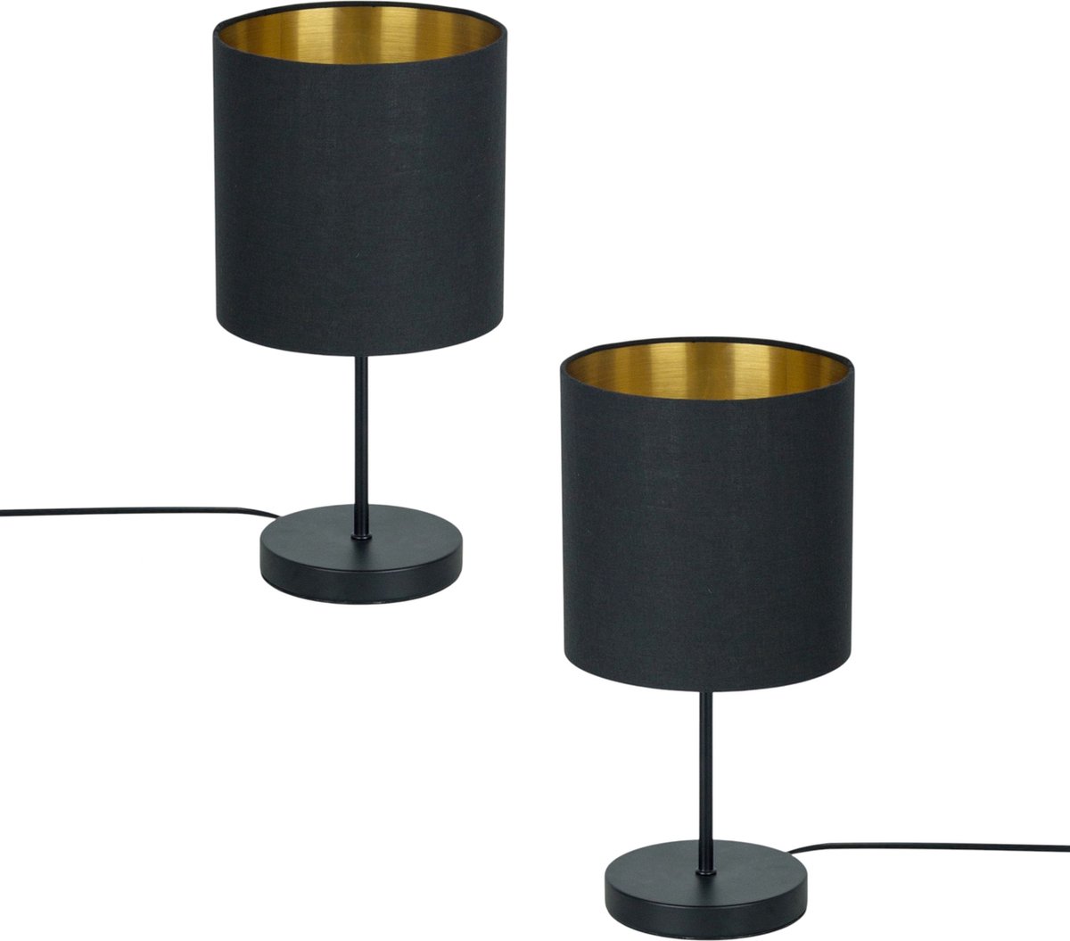 Trango Set van 2 Bedlamp 2018-10B*2 *SOUL* Stoffen kap tafellamp in zwart-goud incl. kabelschakelaar & E27 lamphouder Vensterbank lamp, Nachtlamp, bureaulamp, tafellamp
