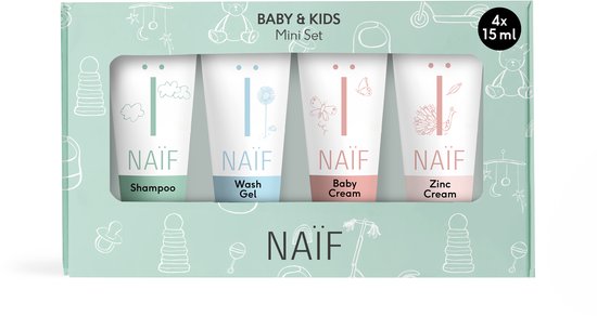 Naïf - Babyverzorging miniset - essentials voor Baby's & Kinderen - Wasgel, Shampoo, Baby Crème en Zinkcrème mini’s in cadeauverpakking - met ingrediënten van natuurlijke oorsprong