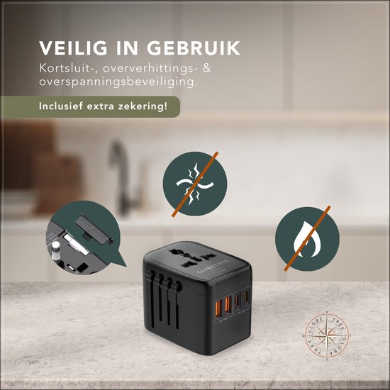 GlobeTrek® Wereldstekker - Reisstekker - Fast Charging - 2 USB-C & 2 USB-A - Universele Wereldstekker voor 170+ Landen: Amerika (USA), Engeland (UK), Australië, Zuid Amerika, Azië, Afrika, Europa - Wereldstekkers - Zwart