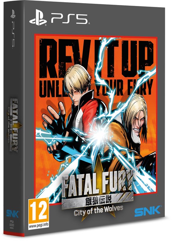 PlayStation 5 gamecover Fatal Fury: City of the Wolves met twee vechters en de tekst 'Rev it Up! Unleash Your Fury'.