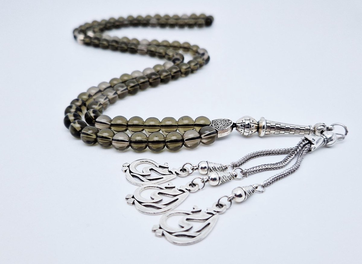 Handgemaakte tesbih "Tasbih" natuursteen " Rookkwarts" - Aantal kralen 99 - Diameter kralen 8MM - met metaal tassel "Mijn moeder" - Een mooi cadeau-idee