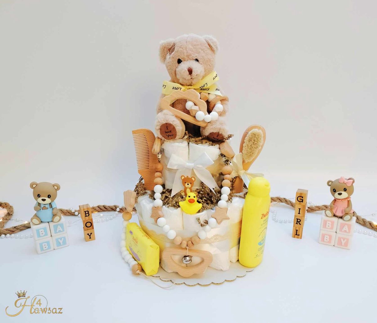 Goedkoopste Genderneutraal luiertaart 39 stuks - kraamcadeau - Hawsaz.nl Cadeau -Originele Babycadeau's - Babycadeau - Babygeschenk voor jongen en meisjes - Knuffel - Babyshower - Speenkoord - Bijtring - Wagenspanner - Zwitsal - Babyverzorging