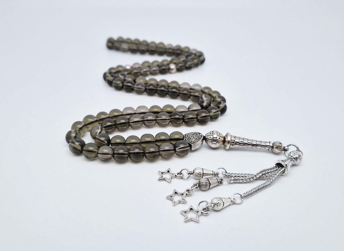 Handgemaakte tesbih "Tasbih" natuursteen " Rookkwarts" - Aantal kralen 99 - Diameter kralen 8MM - met metaal tassel "Kleine sterren" - Een mooi cadeau-idee