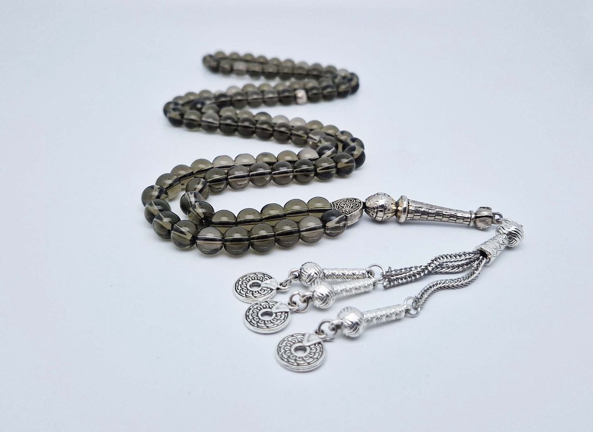 Handgemaakte tesbih "Tasbih" natuursteen " Rookkwarts" - Aantal kralen 99 - Diameter kralen 8MM - met metaal tassel "Cirkels" - Een mooi cadeau-idee