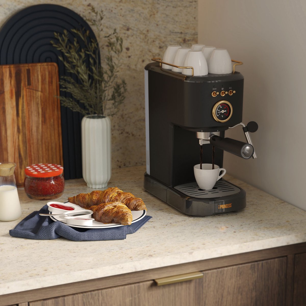 Princess 249417 Espressomachine – 20 Bar – Geschikt voor Gemalen Koffie, Pads & Cups – Met Melkopschuimer – 1,2L Watertank – 2 Kopjes Tegelijk – Kopjesverwarmer – Zwart – Cappuccino & Latte Machine — afbeelding 6