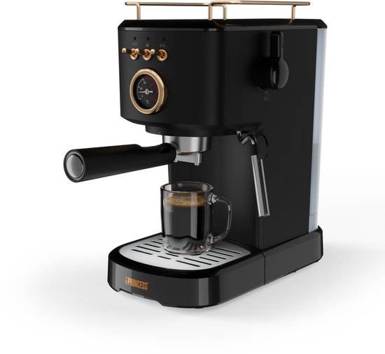 Princess 249417 Espressomachine – 20 Bar – Geschikt voor Gemalen Koffie, Pads & Cups – Met Melkopschuimer – 1,2L Watertank – 2 Kopjes Tegelijk – Kopjesverwarmer – Zwart – Cappuccino & Latte Machine