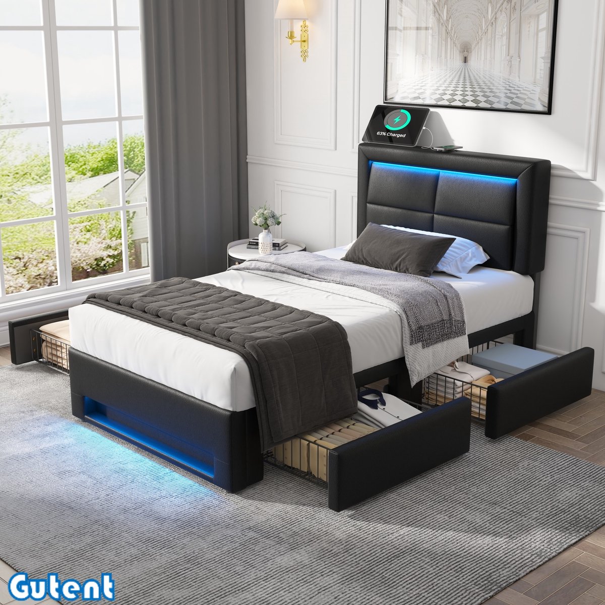 Gutent Eenpersoonsbed-90x190 cm-Met USB-poort-Met LED-verlichting-Vier laden-Geen matras-PU-Zwart