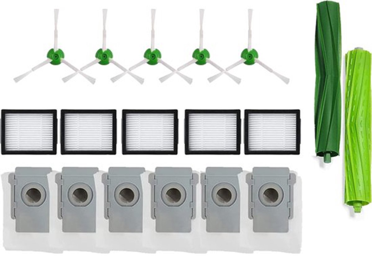 18 onderdelen geschikt voor iRobot Roomba i7 i7+ i3 i3+ i4 i4+ i5 i5+ i6 i6+ i8 i8+ E5 E6 E7 - stofzuigeronderdelen - 6 stofzuigerzakken / 5 HEPA-filter / 5 zijborstel / 2 wals