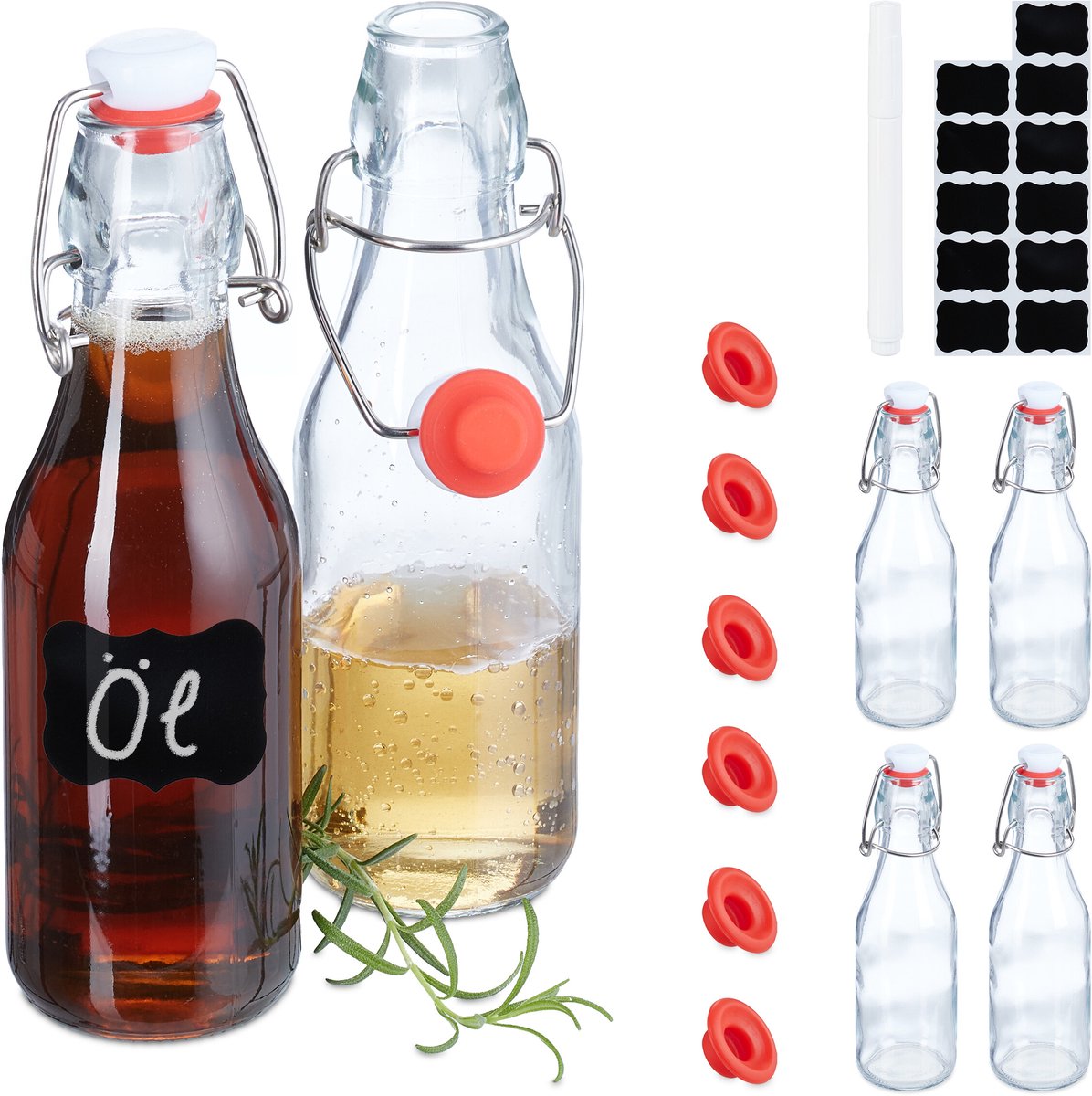 beugelflessen - set van 6 - 250 ml - glazen flesjes incl. etiketten