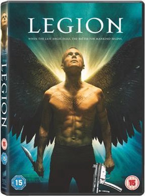 Legion DVD-hoes met engel met vleugels, mes en pistool.