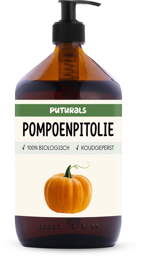 Bruine glazen pompfles met etiket waarop 'Puturals Pompoenpitolie' staat, 100% biologisch en koudgeperst.