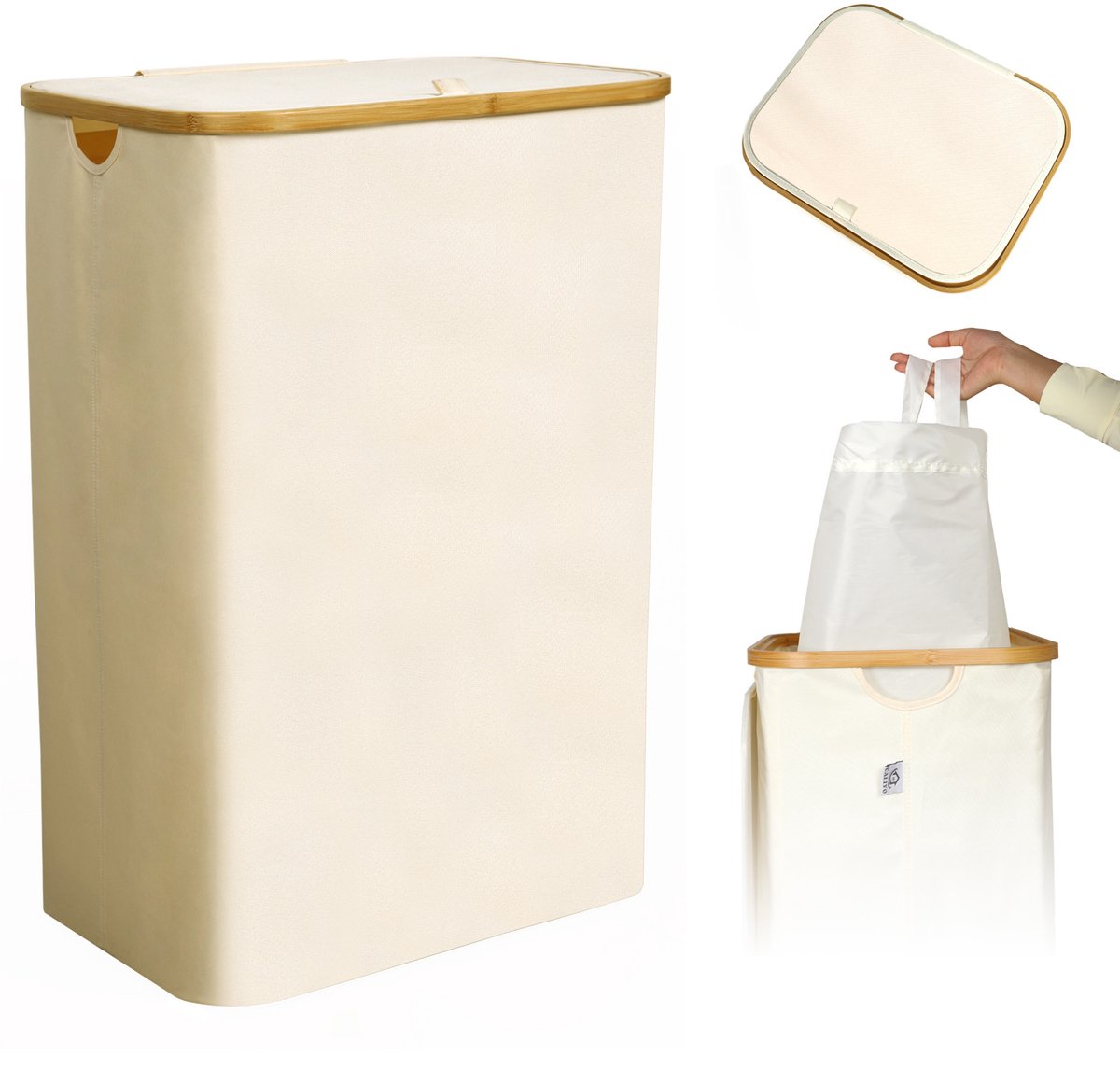 Goedkoopste CALIYO wasmand met deksel, 100 liter wasmanden met handvat en binnenzak, opvouwbare grote wasmand smal, wasmanden, wasmanden voor slaapkamer badkamer (beige