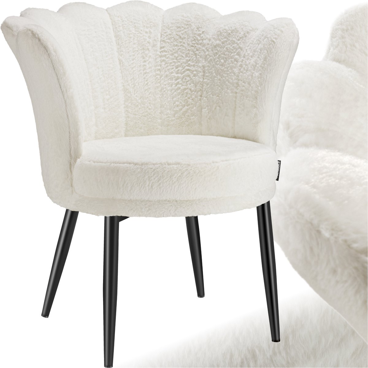 Tectake Fauteuil Stella - Kuipstoel met armleuning – Comfortabele Eetkamerstoel – Keukenstoel – Dikke vulling – Voor woonkamer en eetkamer – Met imitatiebont bekleding - crème/zwart Imitatiebont: Crème/zwart