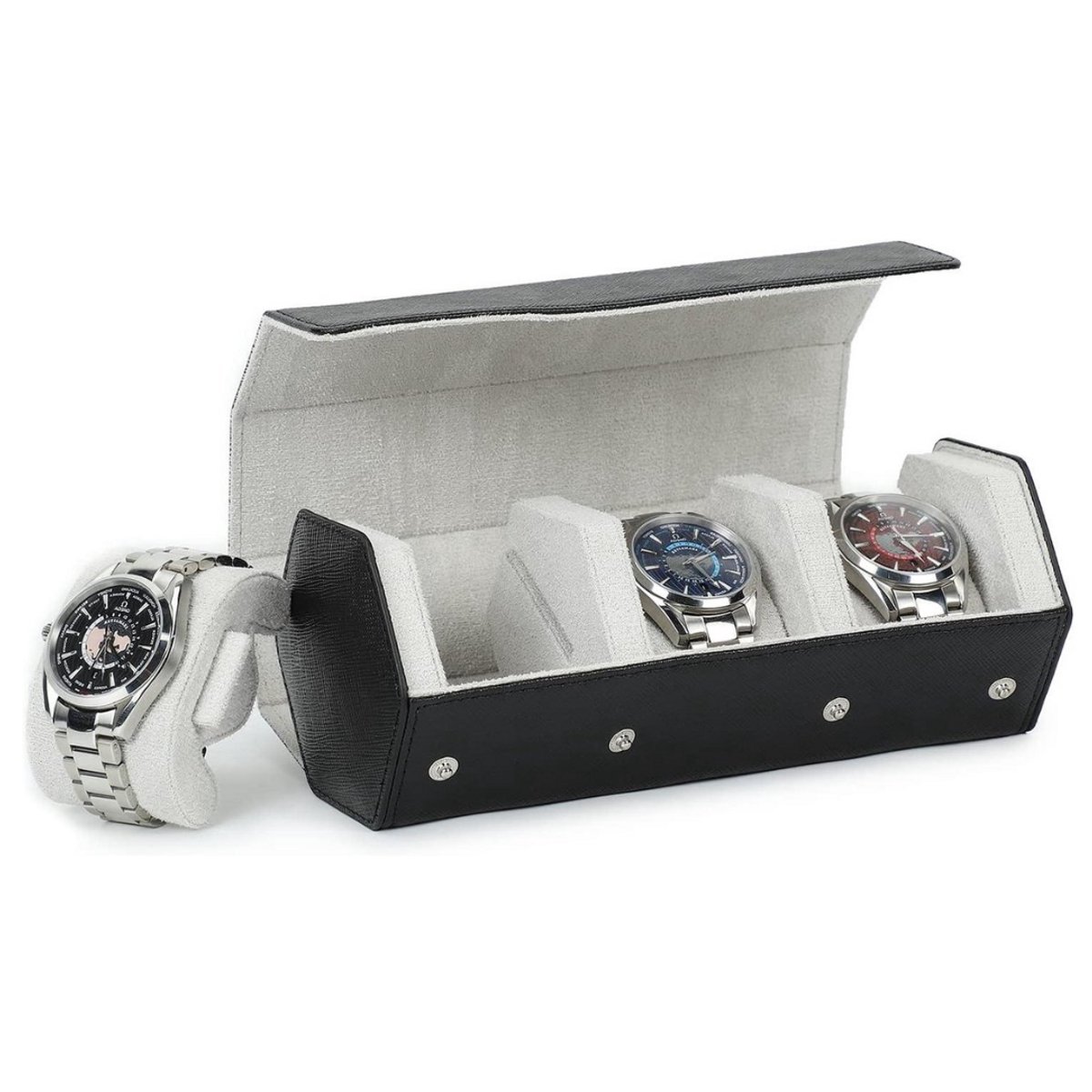 Zeshoekige horlogekoker van echt leer voor 3 horloges - Reis horlogebox zwart