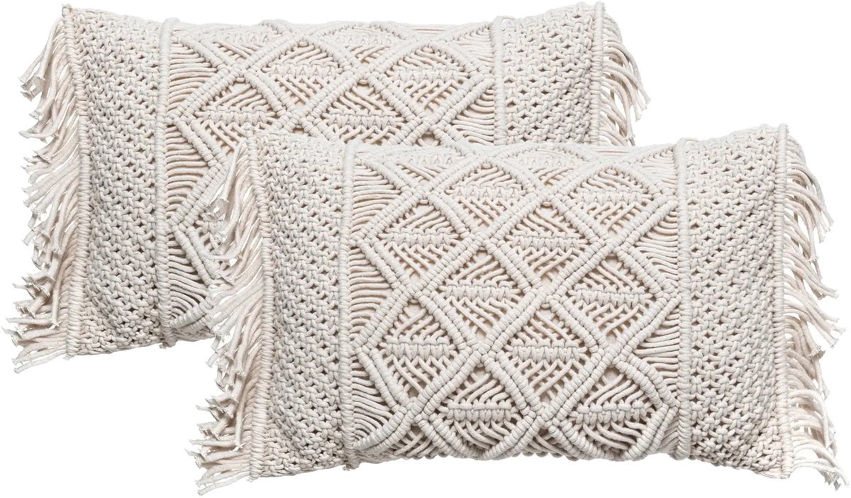 Atmosphera Sierkussen Macrame Ibiza voor binnen - 2x - ivoor wit - 30 x 50 cm - katoen/polyester Ivoorwit