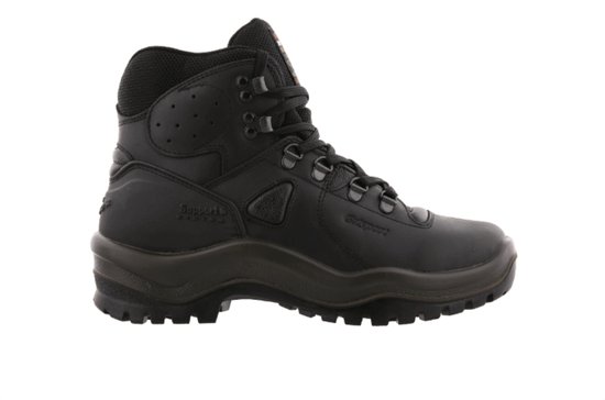 Zwarte leren hoge wandelschoen met vetersluiting en profielzool. Grisport & Support system logo's.