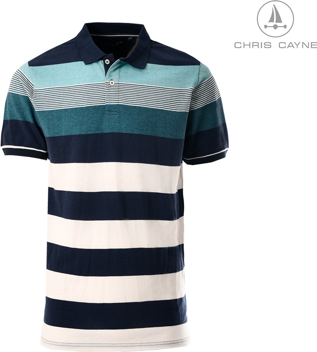 Chris Cayne heren polo shirt - M - blauw/petrol/offwhite - korte mouwen - gestreept - pique - streeppatroon