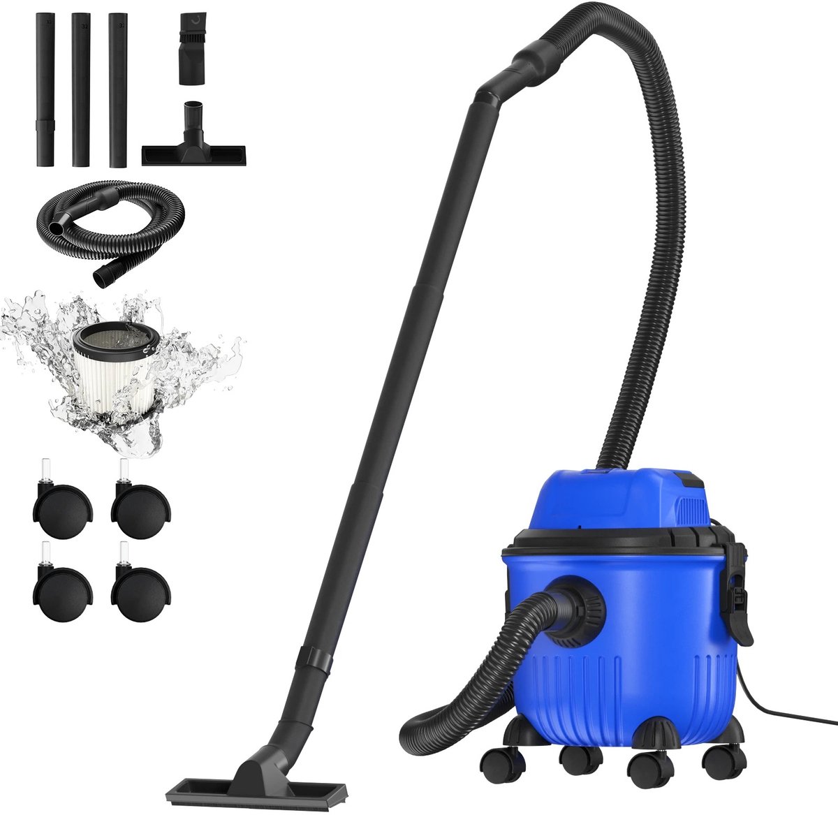 Nat en Droogzuiger - Water Stofzuiger - Waterzuiger - Waterstofzuiger - 30 KPa - 1800 Watt - Water reservoir 15 liter - Blauw - 4 Zwenkwielen
