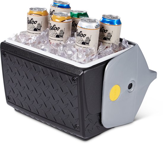 Zwarte koelbox met geruit patroon, gevuld met ijs en zes Igloo-blikjes.