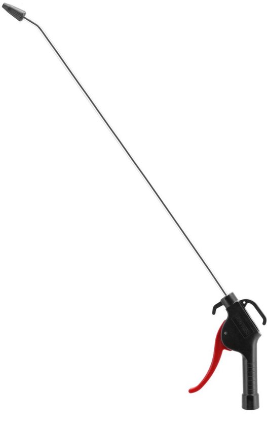 Zwart blaaspistool met rode trigger en lange, dunne metalen spuitmond, witte achtergrond.