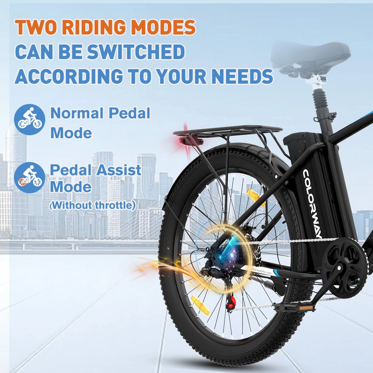 Colorway Elektrische Fiets BK3MS - Trendy 26*3.0 Inch Mountain EBike met Afneembare 36V 15Ah Lithium Batterij - City Commuter E-Bike met 250W Motor - 7 Versnellingen - IP54 Waterdicht - afbeelding 3