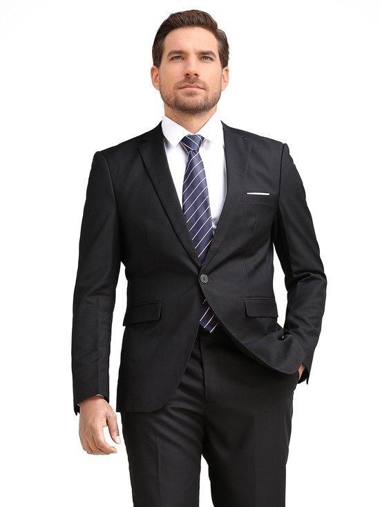 Man in zwart colbert met blauw-wit gestreepte das, voor aanzicht.