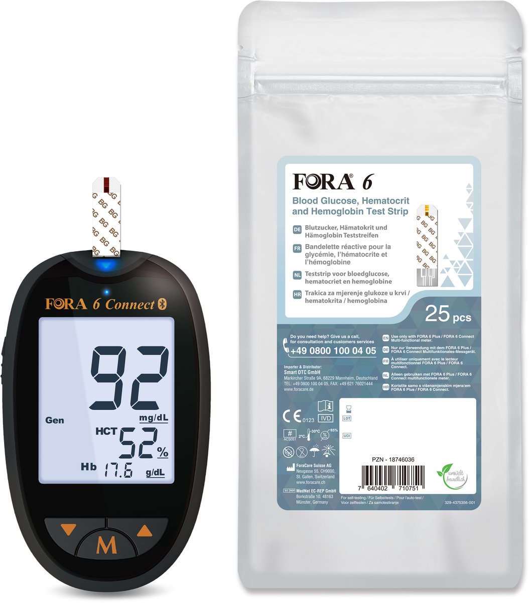 FORA 6 Connect | Bloedglucose-, Hematocriet- en Hemoglobine Meter - mg/dl (Multi-parameter)