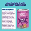 Blik Edgard & Cooper Game & Duck, met ingrediëntenlijst: wild 35%, eend 25%, zoete aardappel 2%.