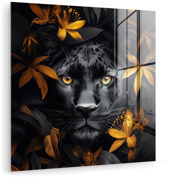 MuchoWow® Peinture sur verre 50x50 cm - Peinture sur verre acrylique - Panthère noire - Fleurs - Or - Nature - Félin - Photo sur verre - Décoration murale salon - Décoration murale chambre - Peintures