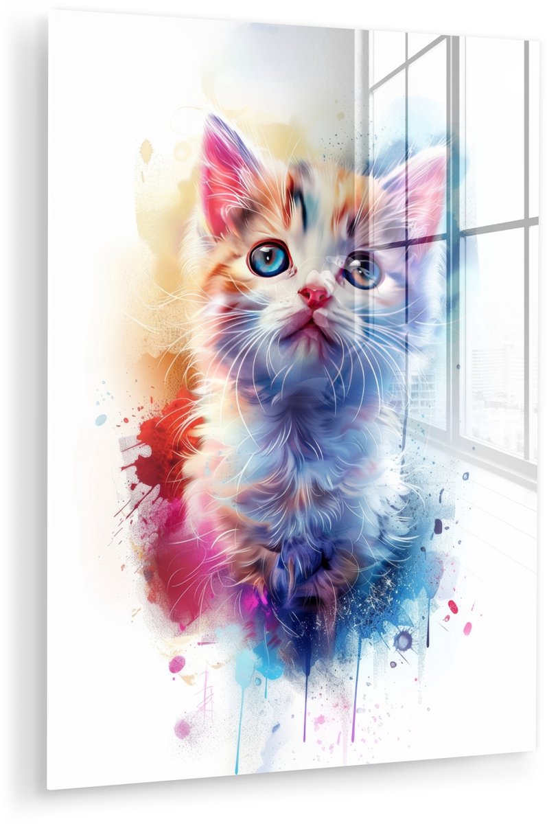 MuchoWow® Glasschilderij 60x80 cm - Schilderij acrylglas - Kat - Portret - Kleuren - Verf - Wit - Foto op glas - Muurdecoratie woonkamer - Wanddecoratie slaapkamer - Schilderijen